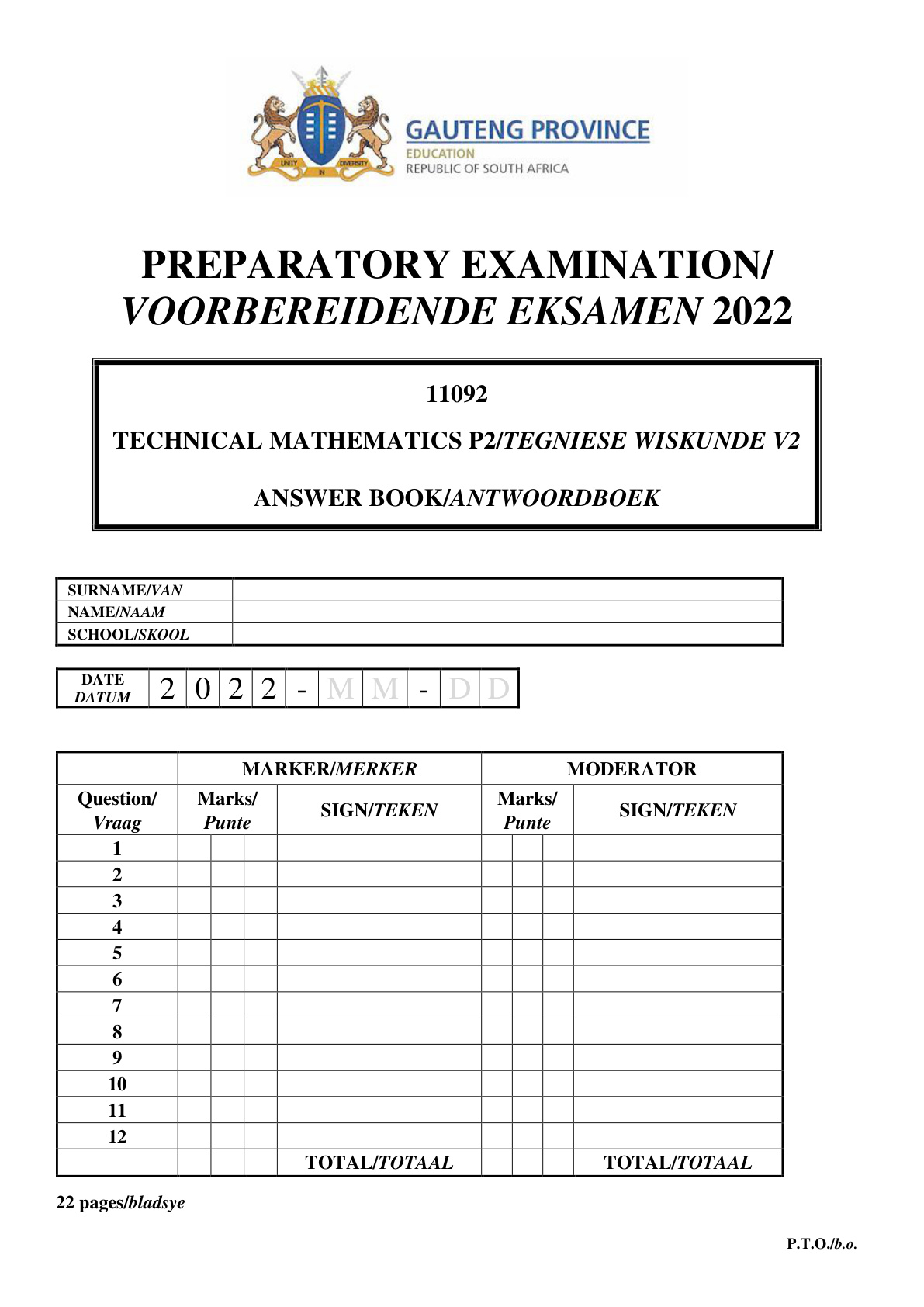 Technical Mathematics Paper 2 Answer Book (Gauteng) Preparatory 2022 Grade 12 DBE