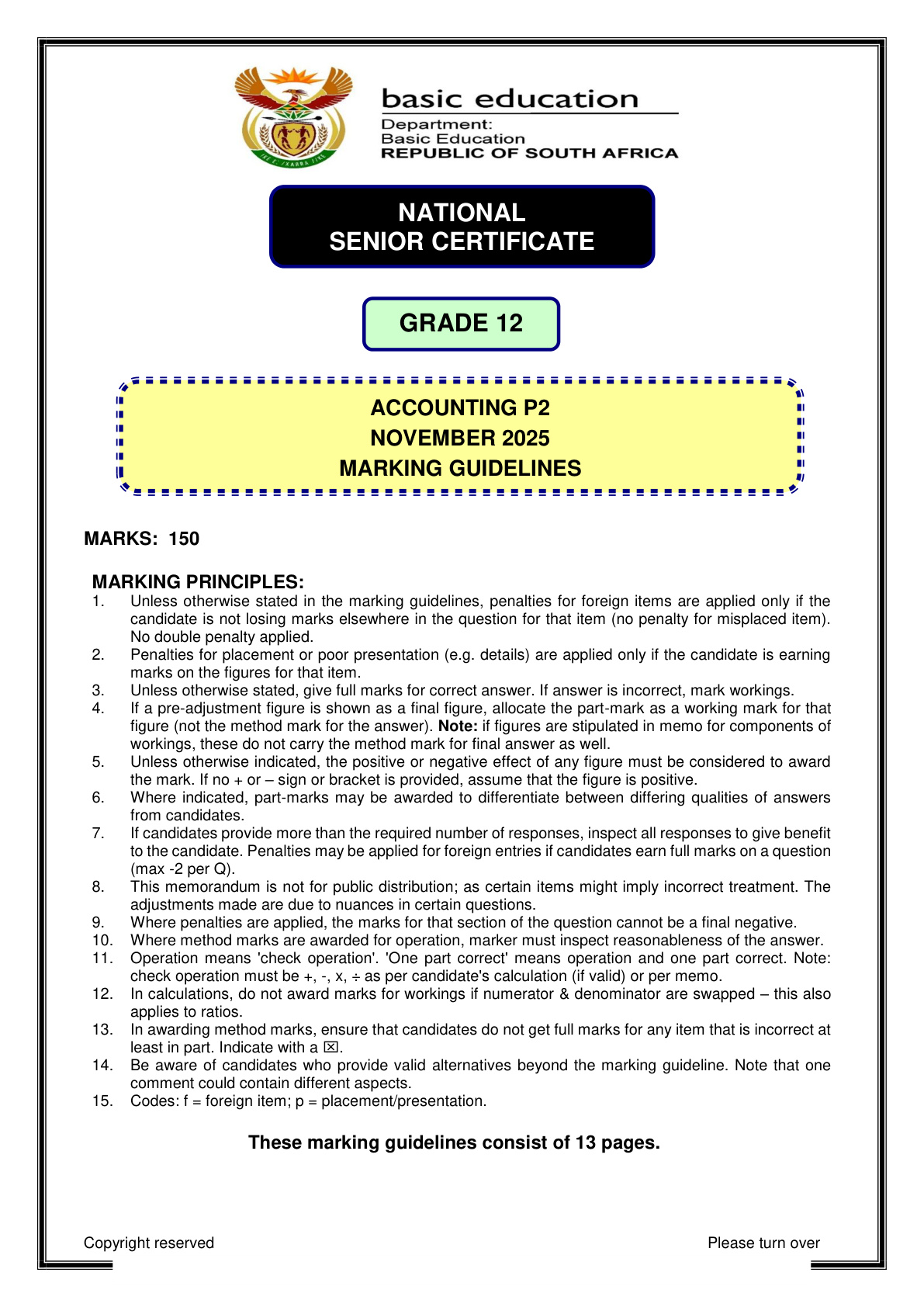 Accounting Grade 12 DBE NSC November 2025 Paper 2 - Memo (Eastern Cape)