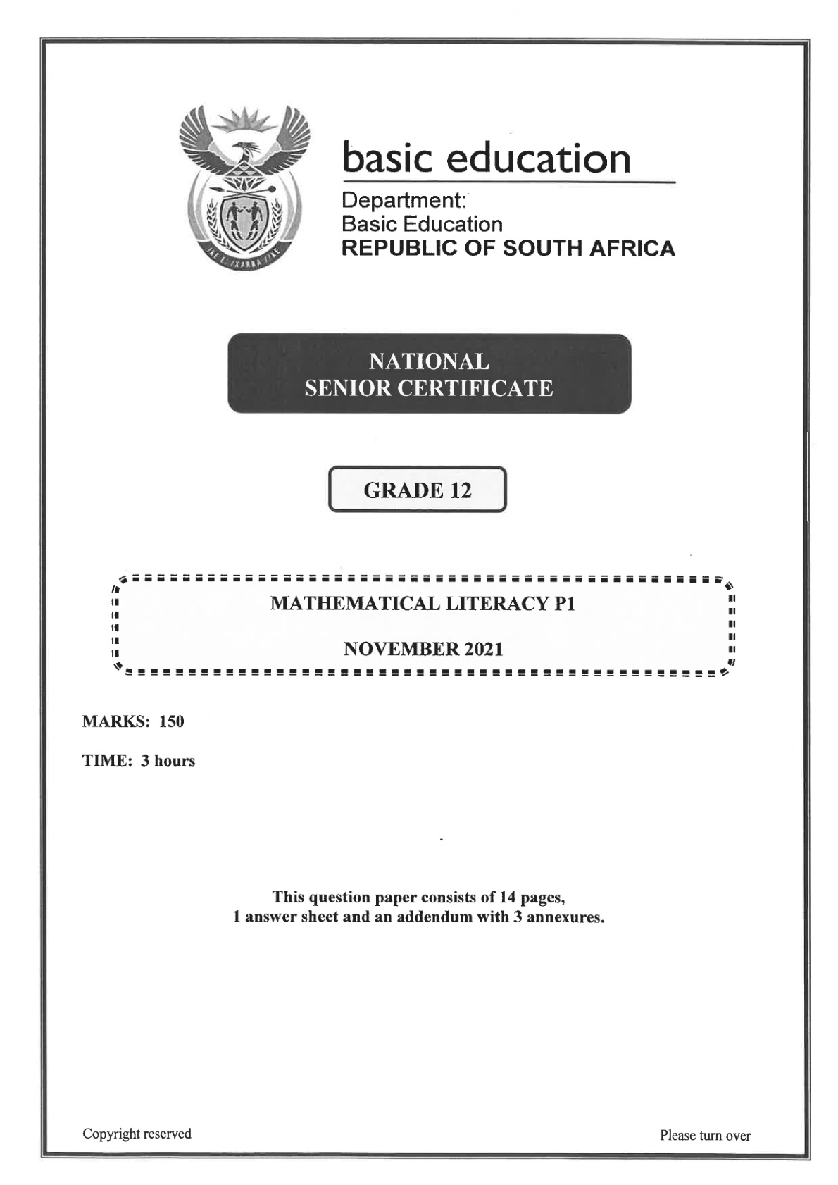 Mathematical Literacy Paper 1 (Gauteng) November 2021 Grade 12 DBE