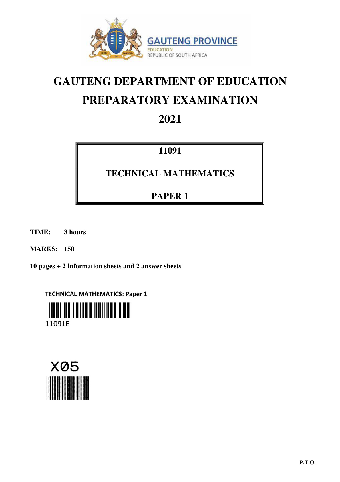 Technical Mathematics Paper 1 (Gauteng) Preparatory 2021 Grade 12 DBE