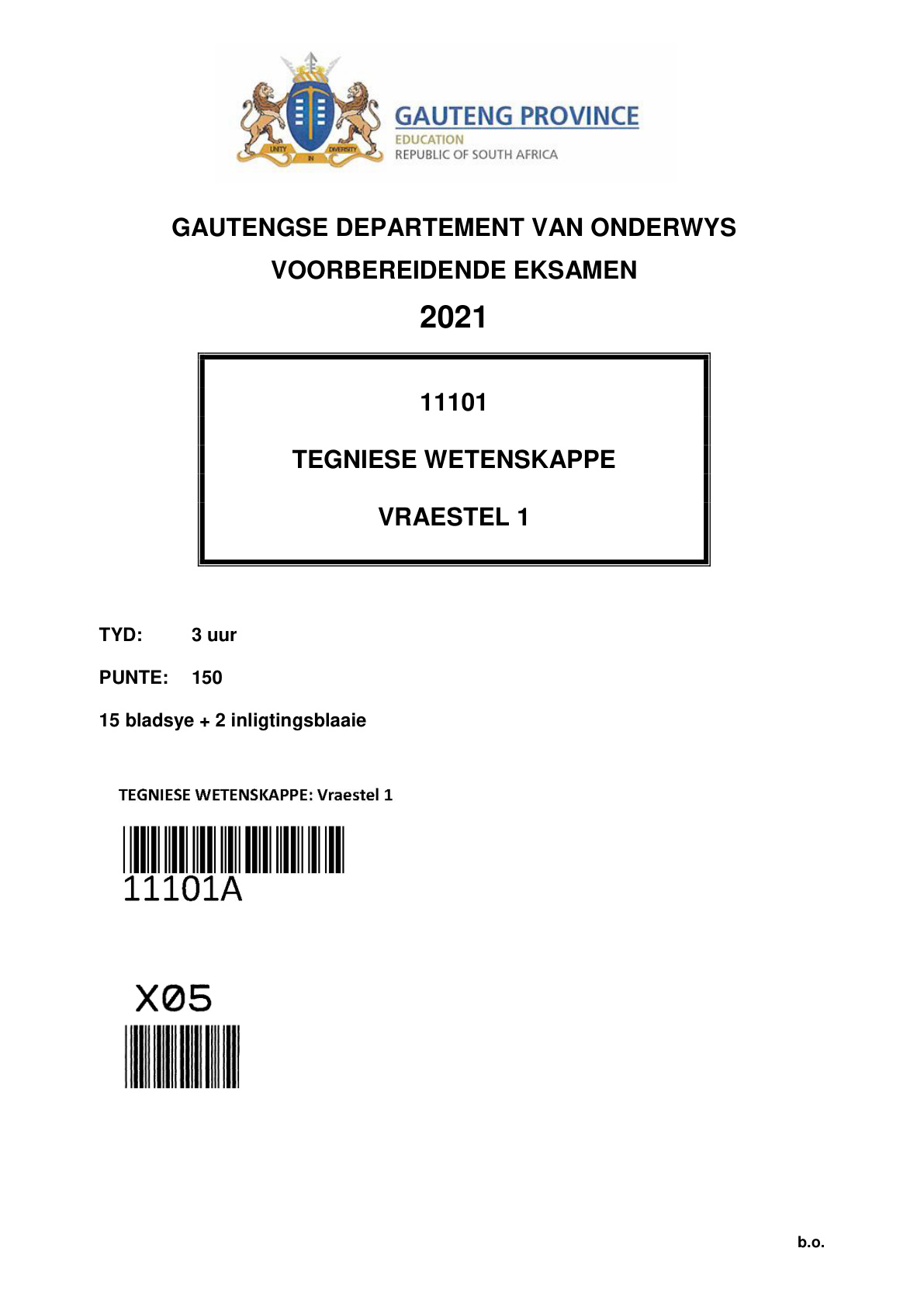 Technical Sciences Paper 1 (Gauteng) Preparatory 2021 Grade 12 DBE