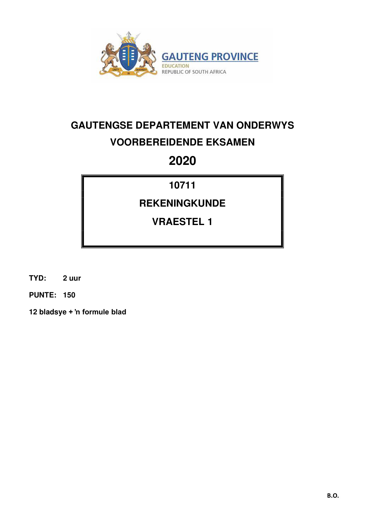 Accounting Paper 1 (Gauteng) Preparatory 2020 Grade 12 DBE
