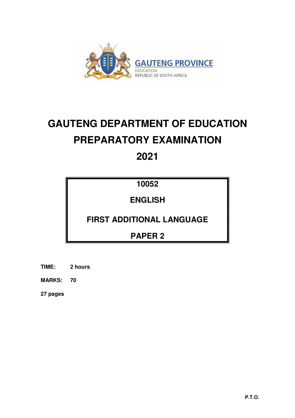 English First Additional Language Paper 2 (Gauteng) Preparatory 2021 Grade 12 DBE