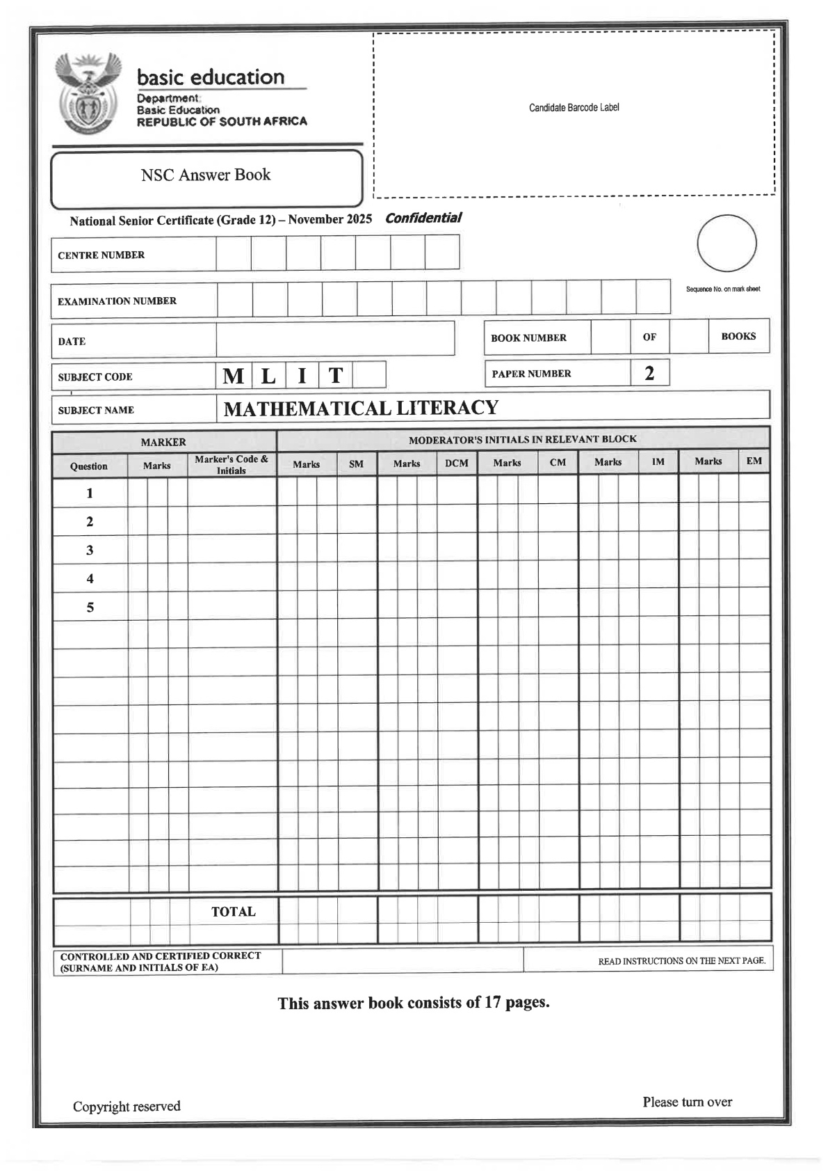 Mathematical Literacy Grade 12 DBE NSC November 2025 Paper 2 - Answer Book (Eastern Cape)