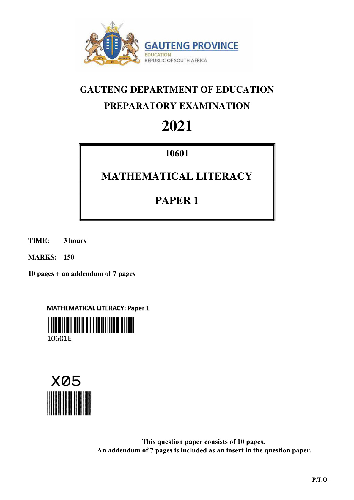 Mathematical Literacy Paper 1 (Gauteng) Preparatory 2021 Grade 12 DBE