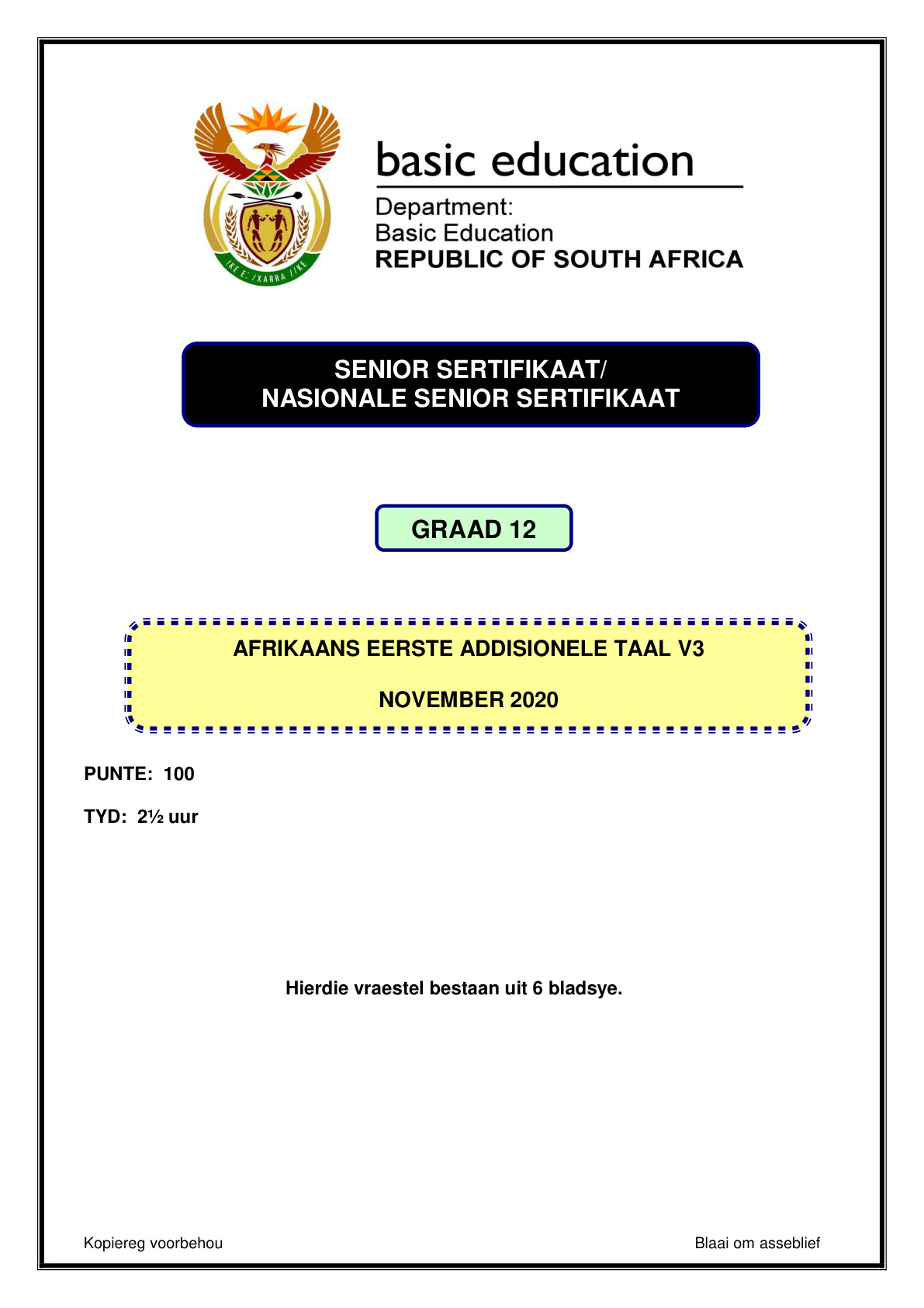 Afrikaans First Additional Language Paper 3 (Gauteng) November 2020 Grade 12 DBE