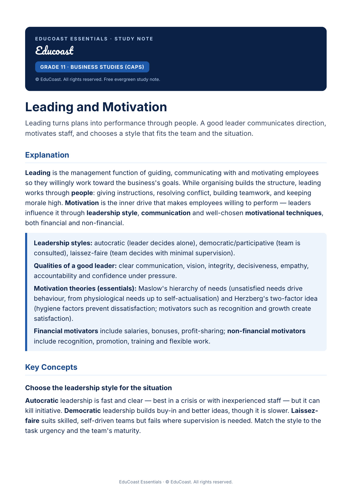 Leading — Grade 11 Business Studies (Caps)