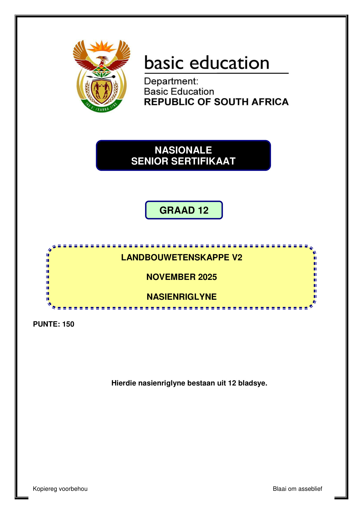 Agricultural Sciences Grade 12 DBE NSC November 2025 Paper 2 - Memo (Eastern Cape)