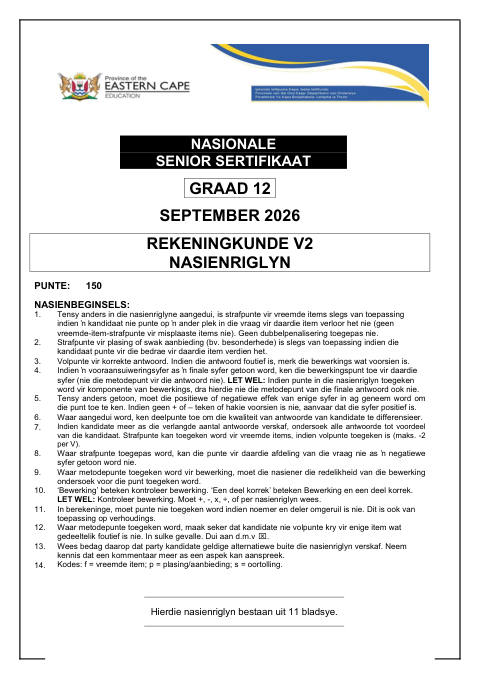 Accounting Grade 12 DBE Caps September 2026 Paper 2 - Memo (Eastern Cape)