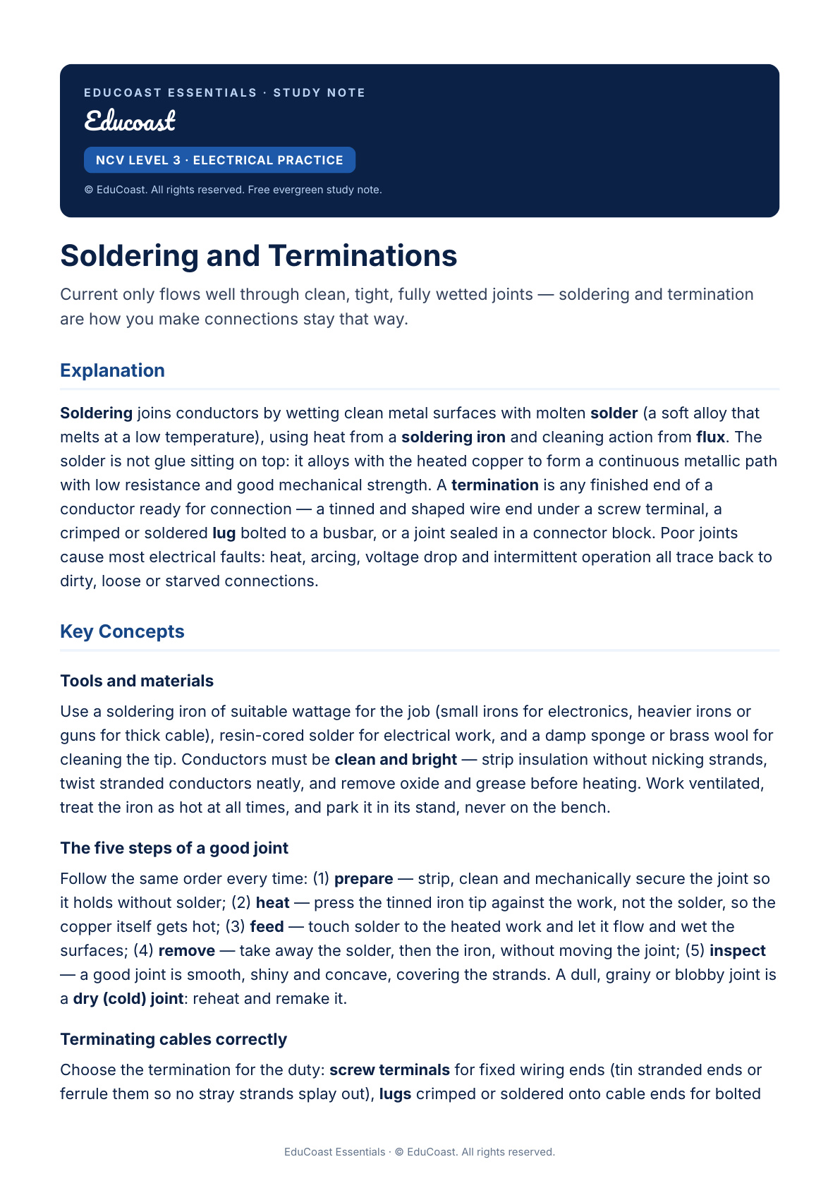 Soldering And Terminations — NCV Level 3 Electrical Practice