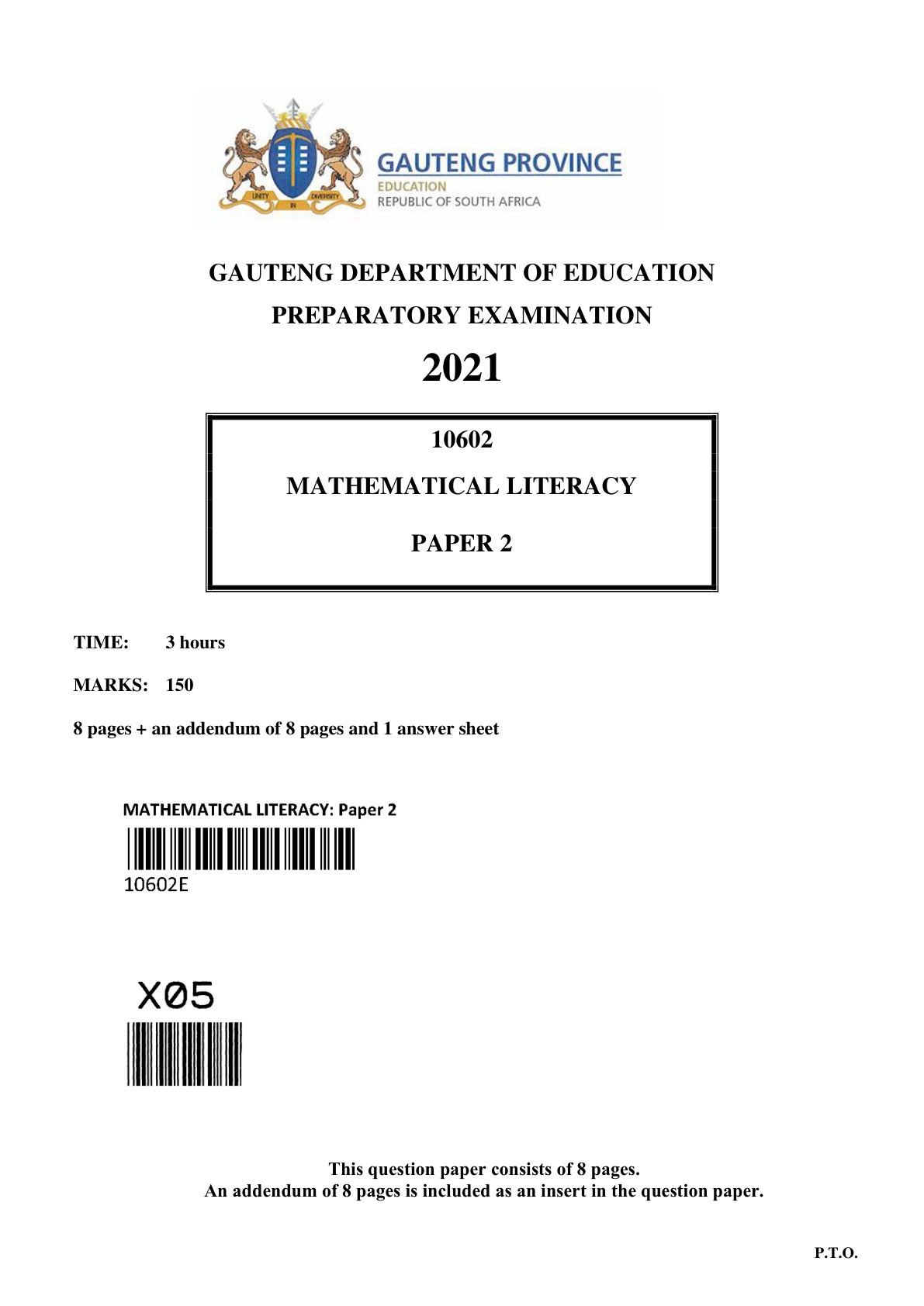 Mathematical Literacy Paper 2 (Gauteng) Preparatory 2021 Grade 12 DBE