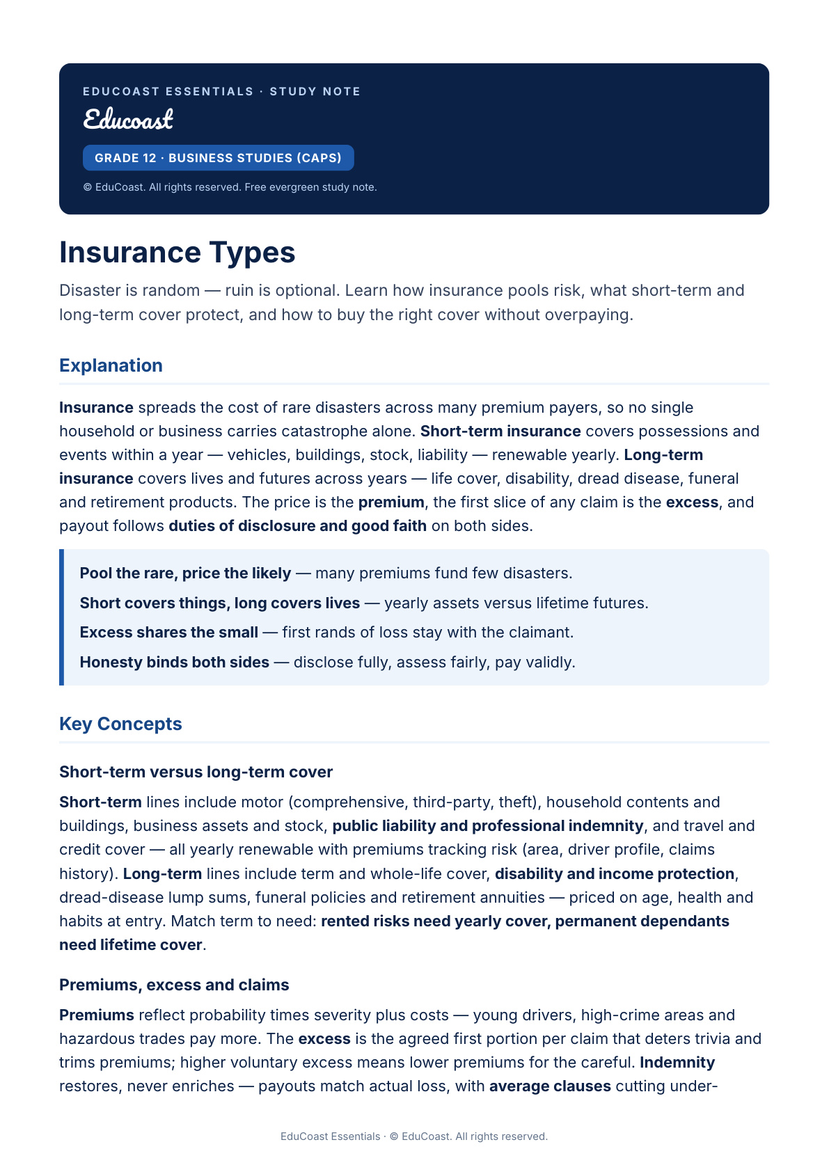 Insurance — Grade 12 Business Studies (Caps)