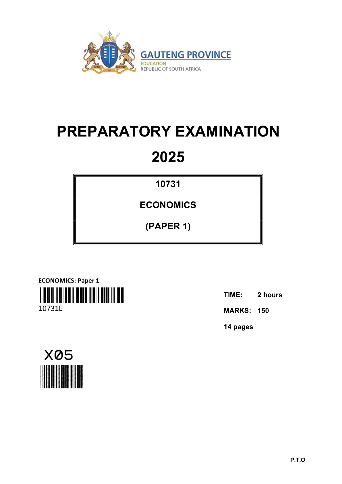 Economics Paper 1 (Gauteng) Preparatory 2025 Grade 12 DBE