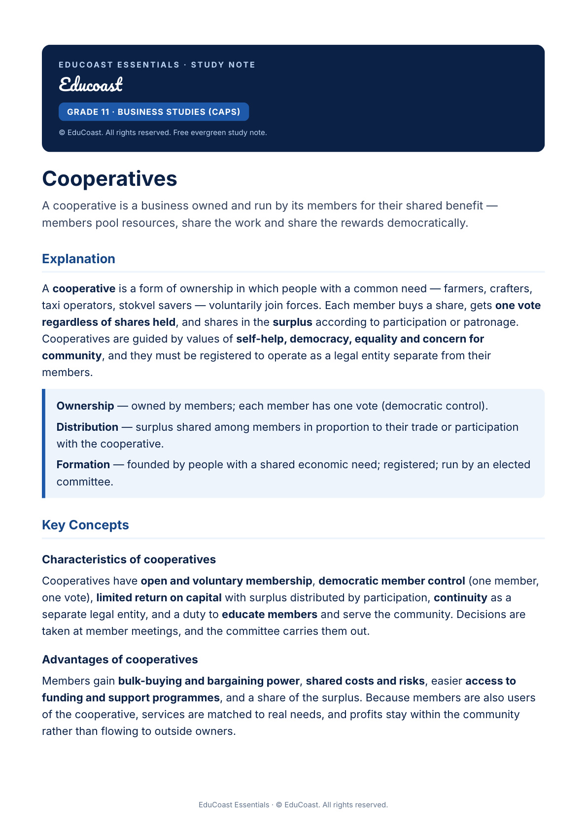 Cooperatives — Grade 11 Business Studies (Caps)