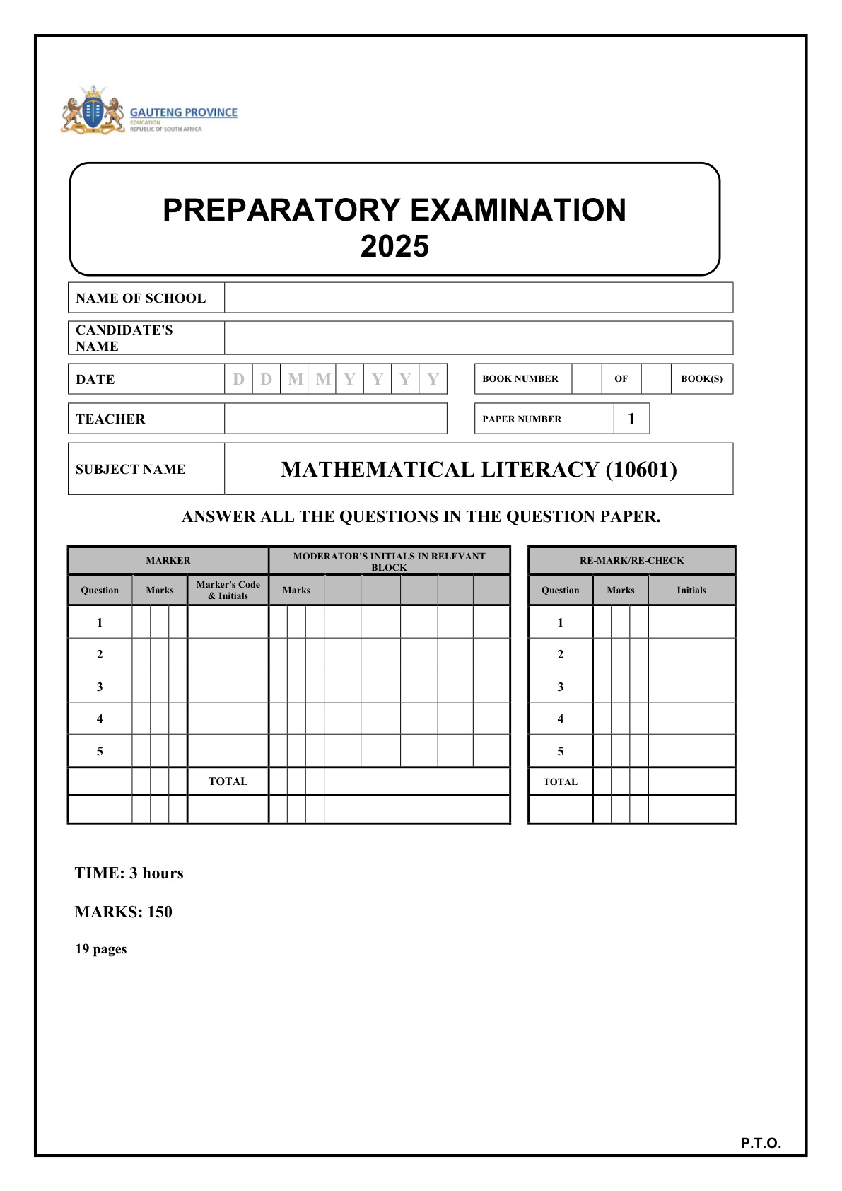 Mathematical Literacy Paper 1 (Gauteng) Preparatory 2025 Grade 12 DBE