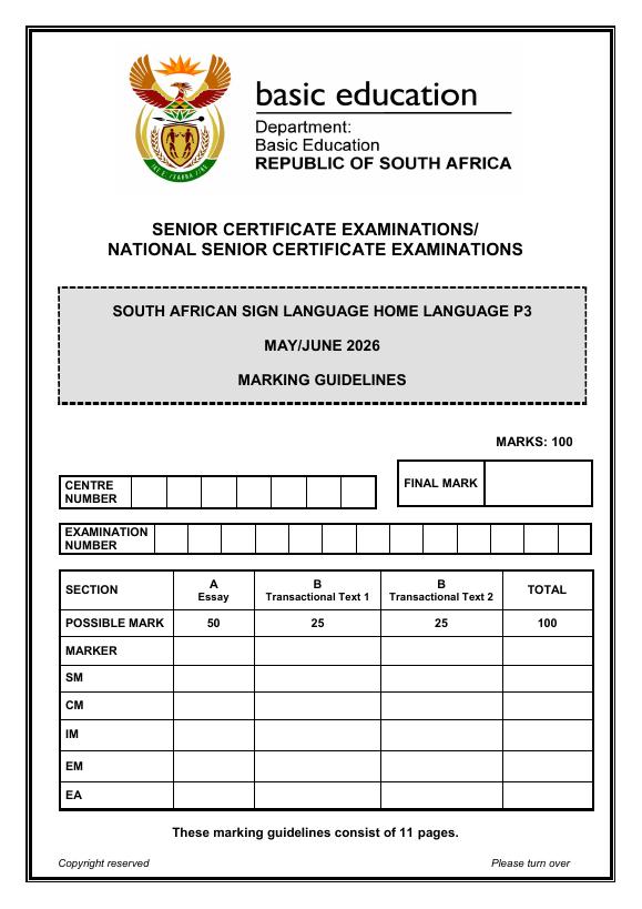 South African Sign Language Home Language Grade 12 DBE CAPS May 2026 Paper 3 - Memo
