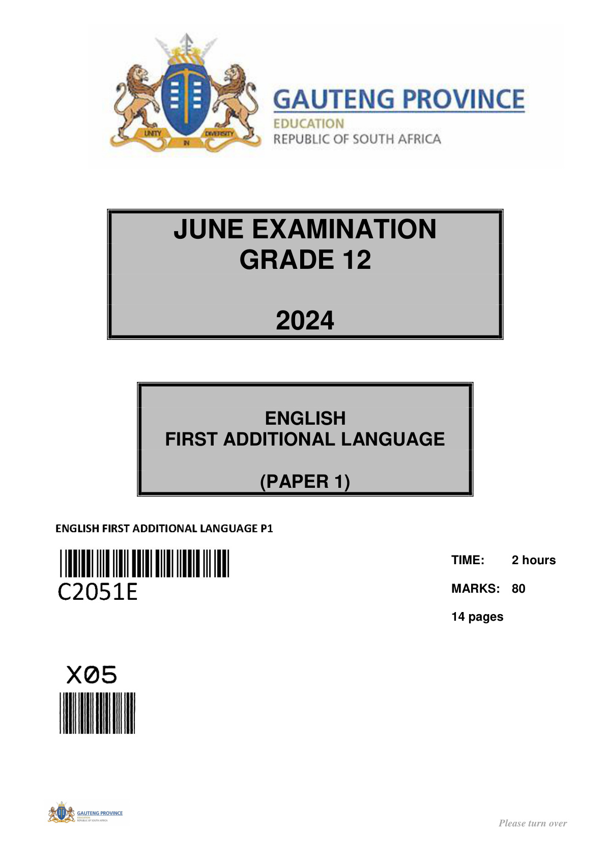 English First Additional Language Paper 1 (Gauteng) June 2024 Grade 12 DBE