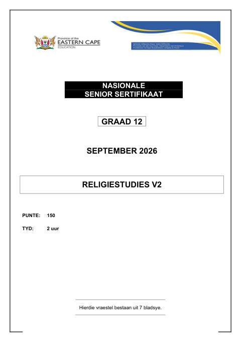 Religion Studies Grade 12 DBE Caps September 2026 Paper 2 - Question Paper (Eastern Cape)