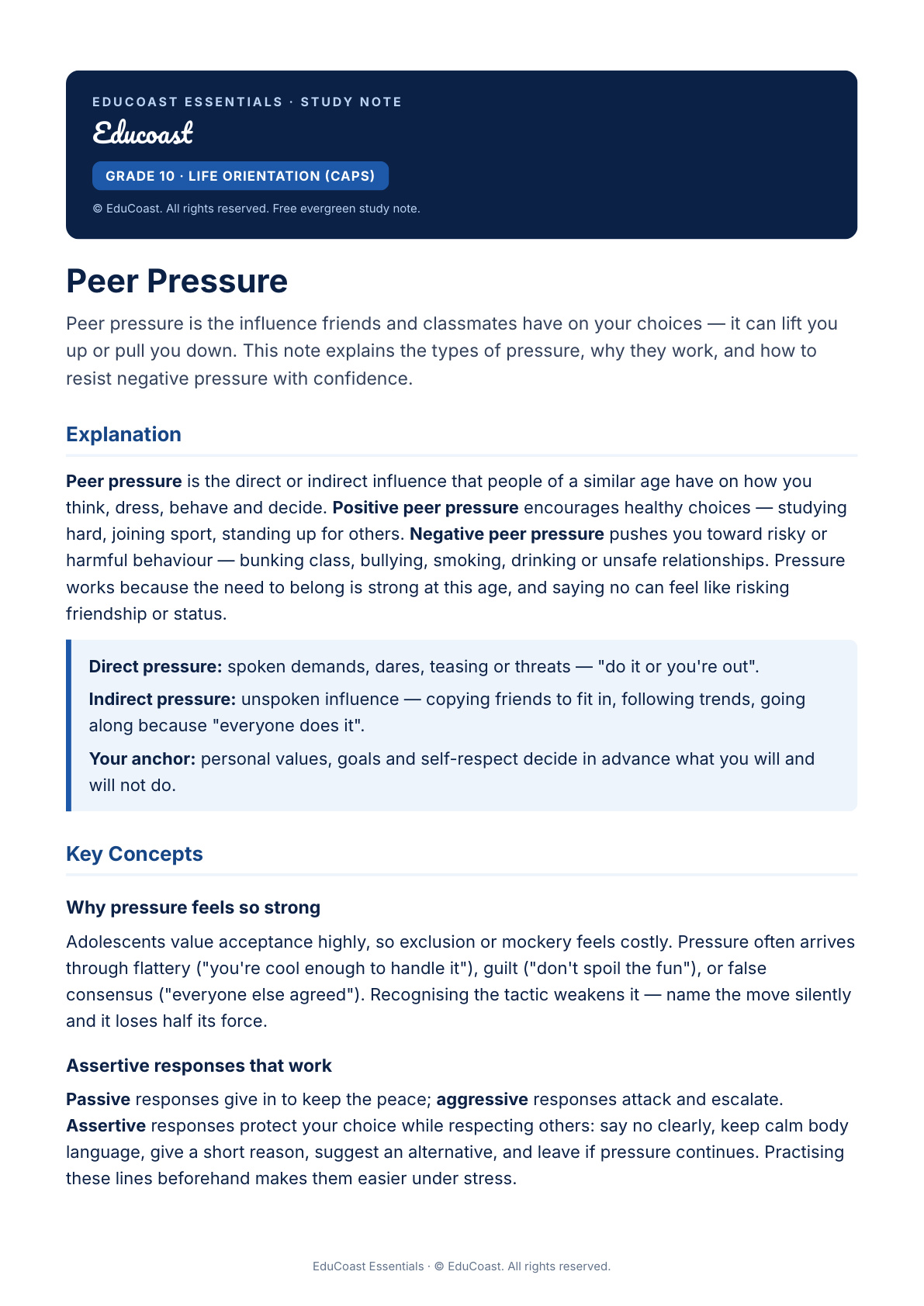 Peer Pressure — Grade 10 Life Orientation (CAPS)