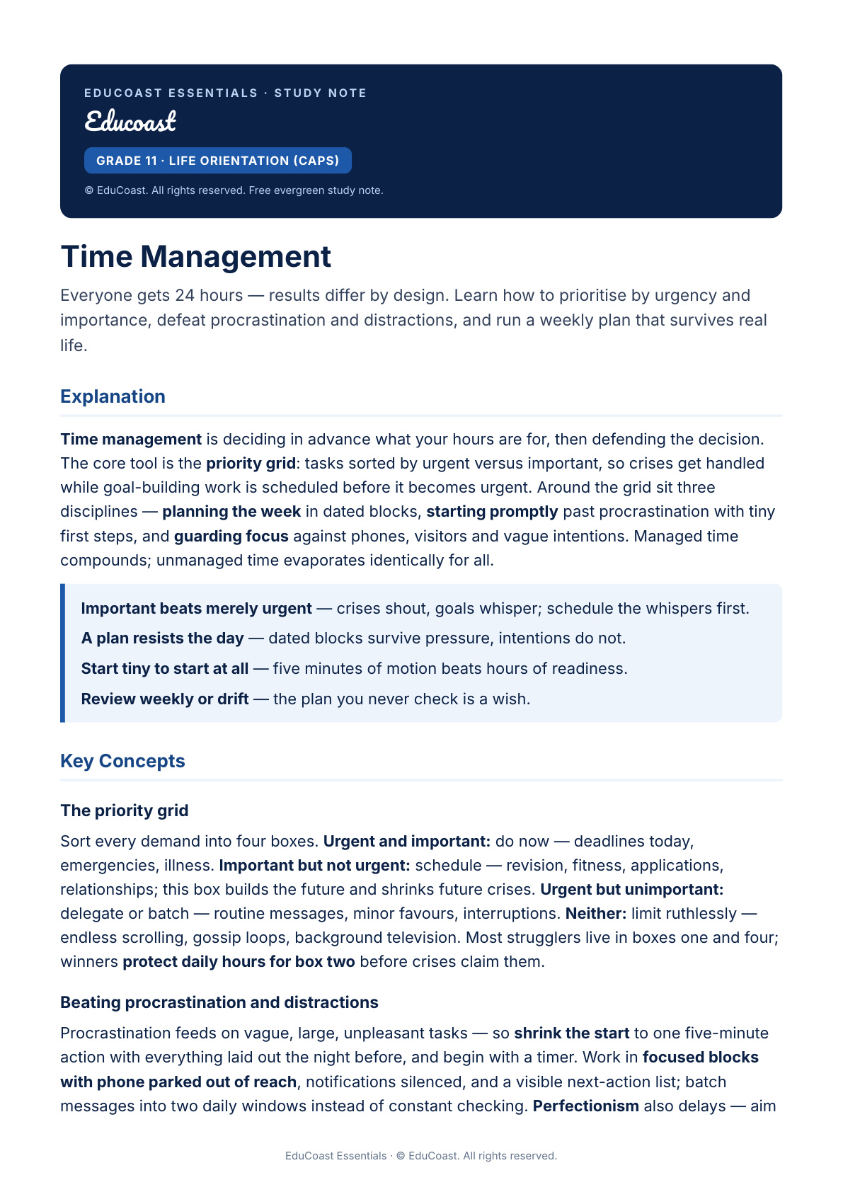 Time Management — Grade 11 Life Orientation (Caps)
