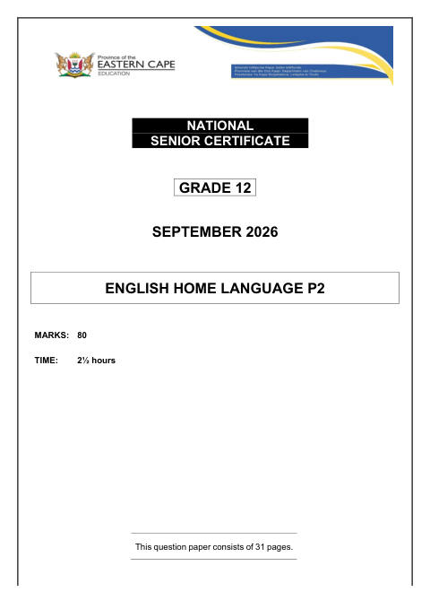 English Home Language Grade 12 DBE Caps September 2026 Paper 2 - Question Paper (Eastern Cape)
