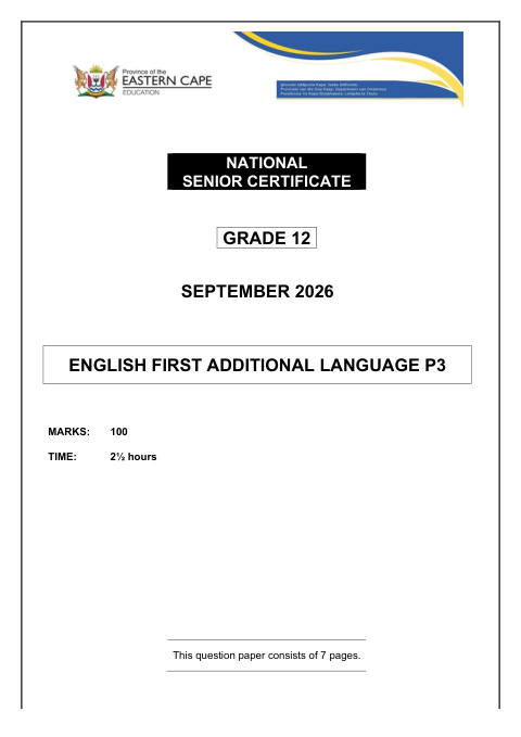 English First Additional Language Grade 12 DBE Caps September 2026 Paper 3 - Question Paper (Eastern Cape)