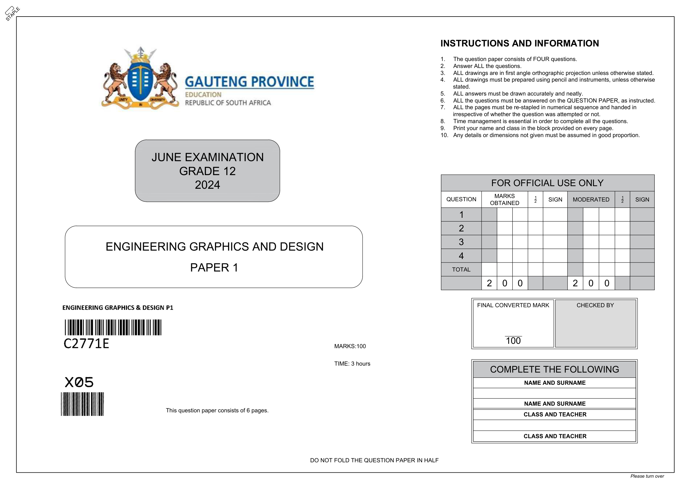 Engineering Graphics And Design Paper 1 (Gauteng) June 2024 Grade 12 DBE