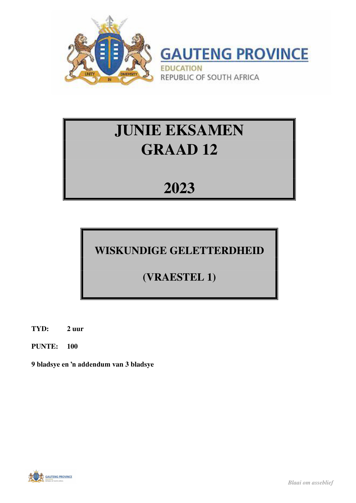 Mathematical Literacy Paper 1 (Gauteng) June 2023 Grade 12 DBE