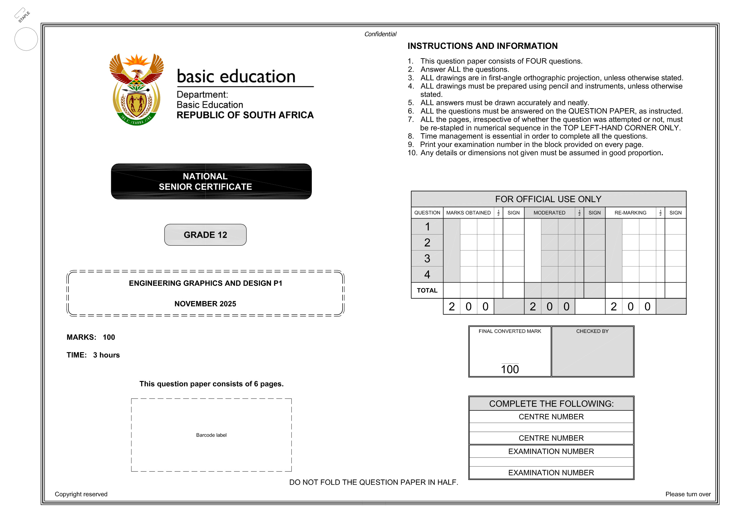 Engineering Graphics and Design Grade 12 DBE NSC November 2025 Paper 1 - Question Paper (Eastern Cape)