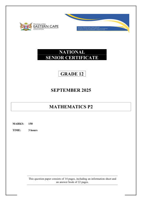 Mathematics Grade 12 DBE Caps September 2025 Paper 2 - Question Paper (Eastern Cape)