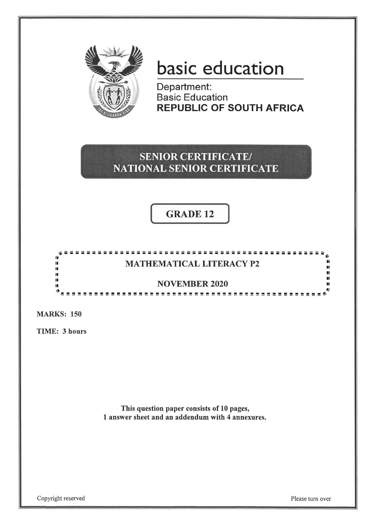 Mathematical Literacy Paper 2 (Gauteng) November 2020 Grade 12 DBE