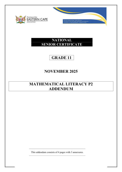 Mathematical Literacy Grade 11 DBE Caps November 2025 Paper 2 - Addendum (Eastern Cape)