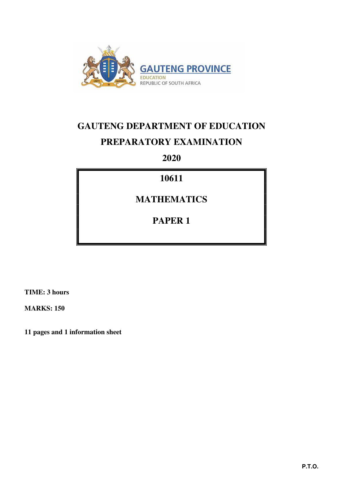 Mathematics Paper 1 (Gauteng) Preparatory 2020 Grade 12 DBE