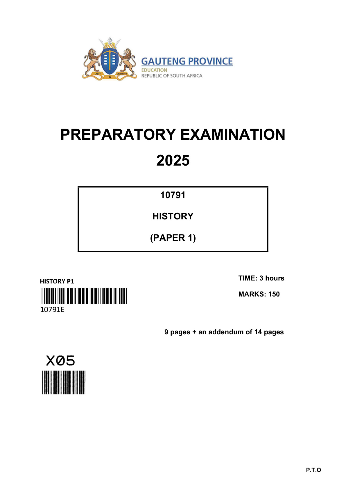 History Paper 1 (Gauteng) Preparatory 2025 Grade 12 DBE