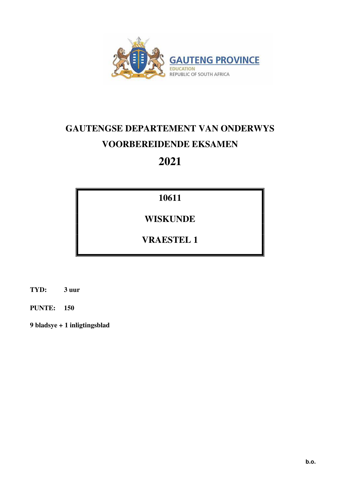 Mathematics Paper 1 (Gauteng) Preparatory 2021 Grade 12 DBE