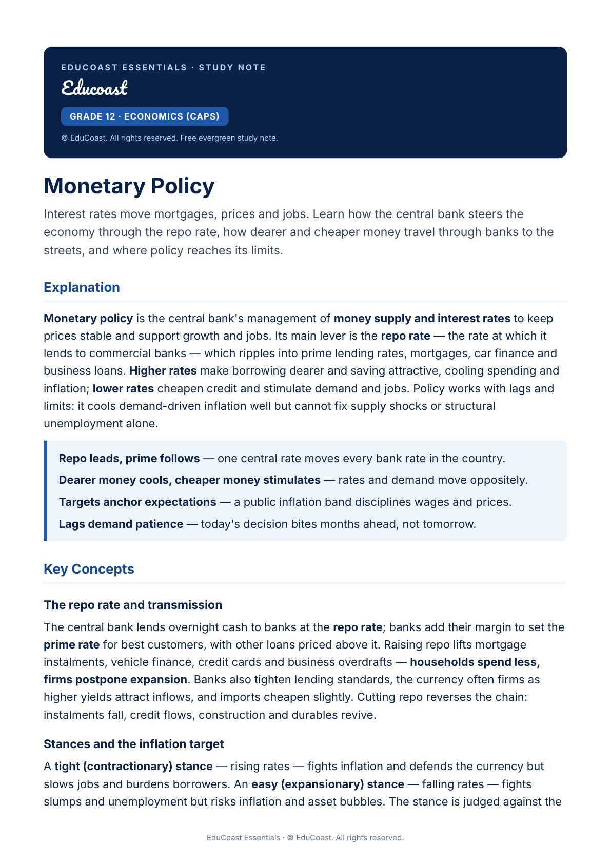 Monetary Policy — Grade 12 Economics (CAPS)