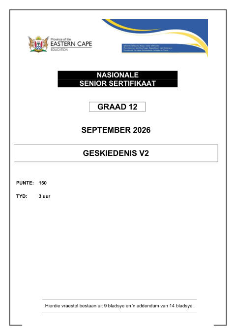 History Grade 12 DBE Caps September 2026 Paper 2 - Question Paper (Eastern Cape)