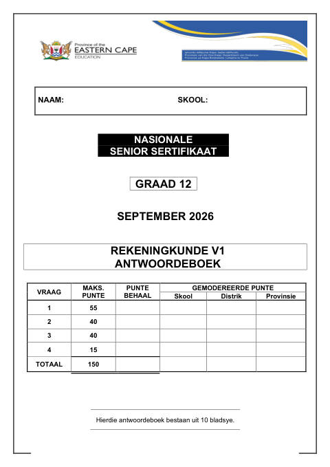 Accounting Grade 12 DBE Caps September 2026 Paper 1 - Answer Book (Eastern Cape)