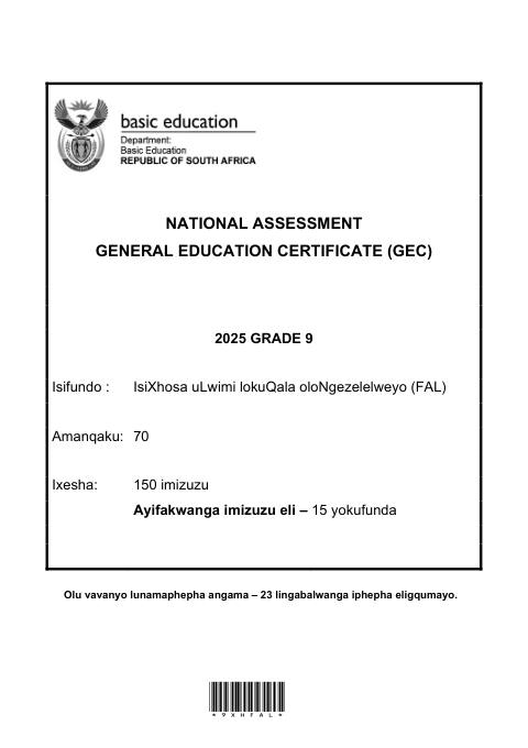 isiXhosa First Additional Language Grade 9 DBE CAPS GEC 2025 - Question Paper (Eastern Cape)