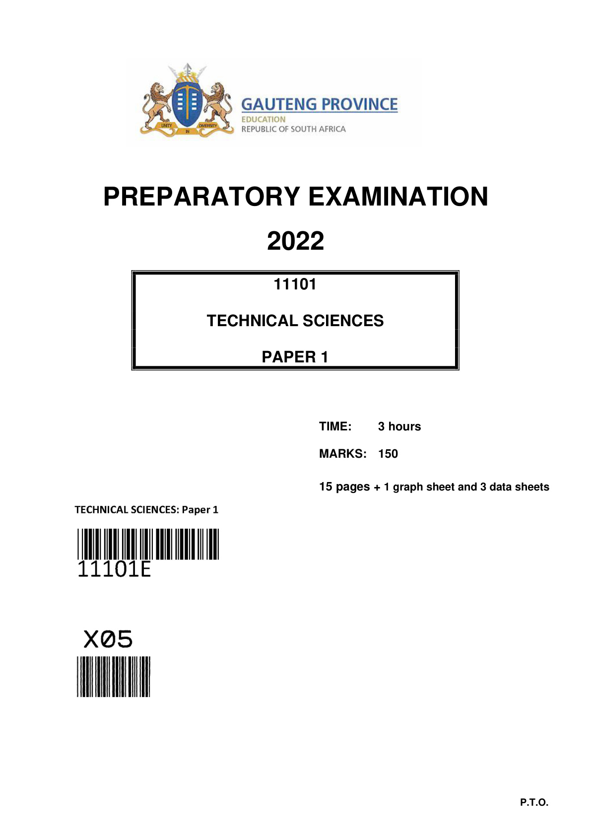 Technical Sciences Paper 1 (Gauteng) Preparatory 2022 Grade 12 DBE