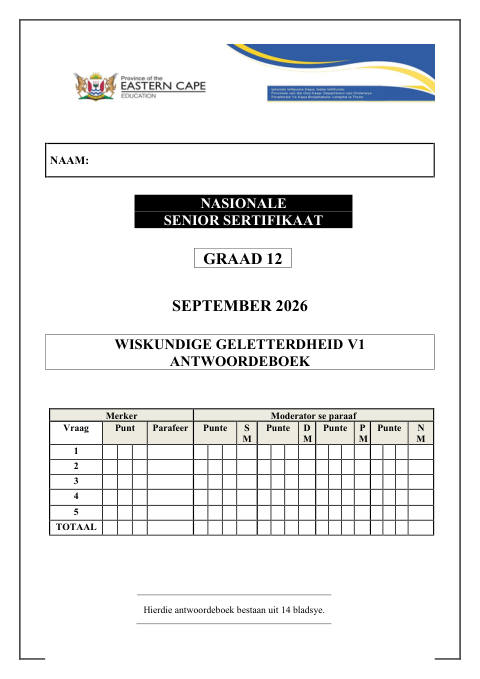 Mathematical Literacy Grade 12 DBE Caps September 2026 Paper 1 - Question Paper (Eastern Cape)