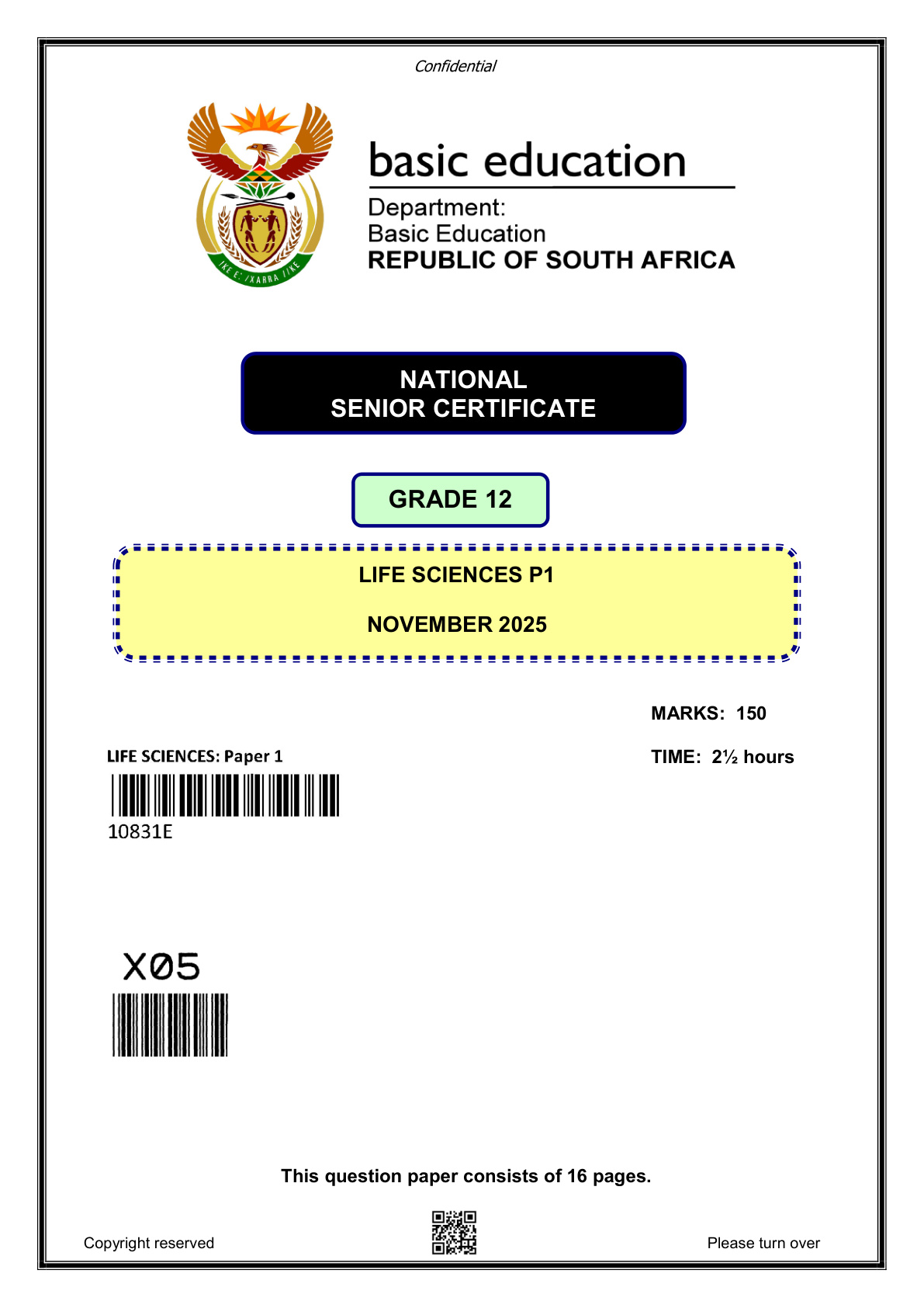 Life Sciences Paper 1 (Gauteng) November 2025 Grade 12 DBE