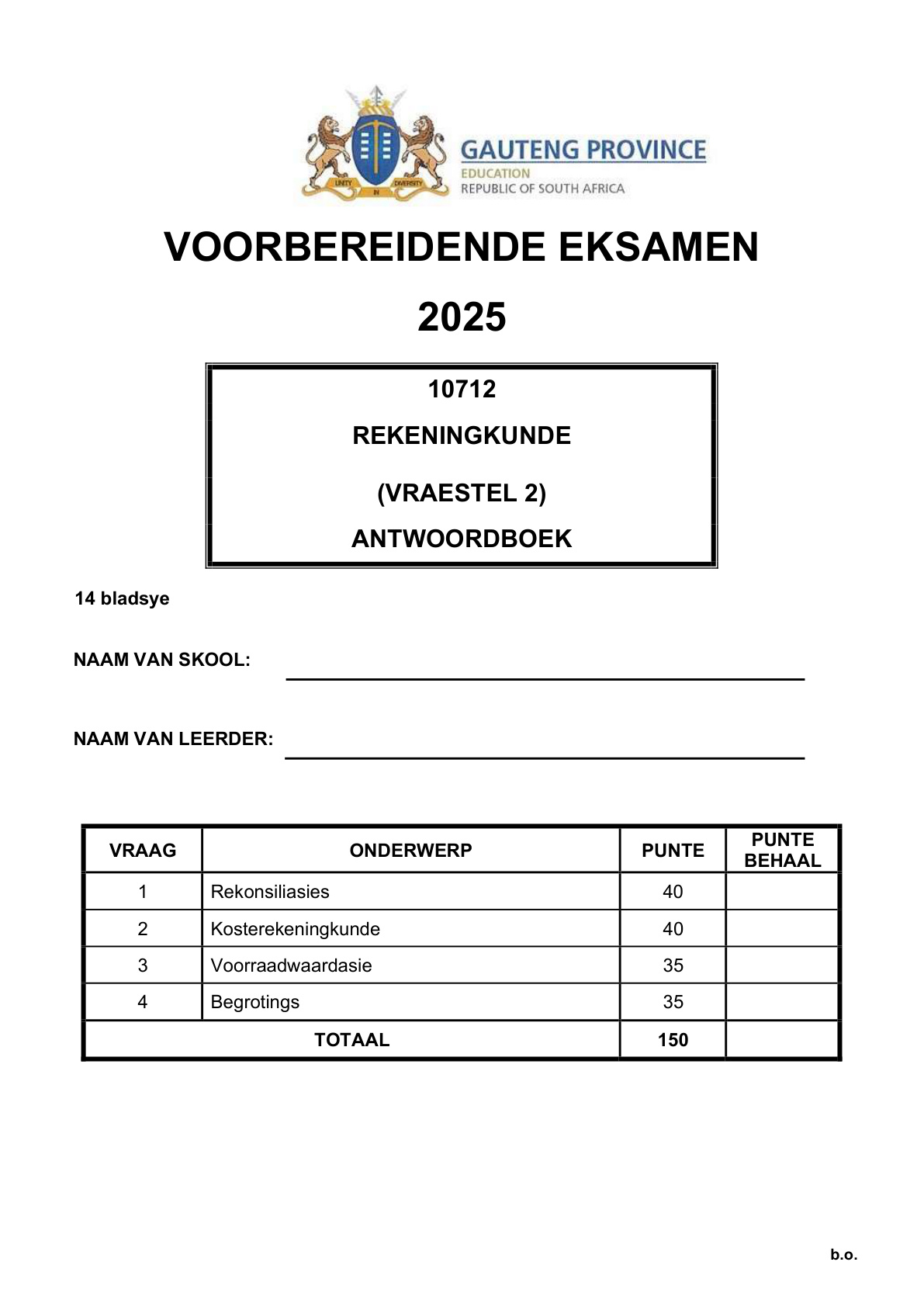 Accounting Paper 2 Answer Book (Gauteng) Preparatory 2025 Grade 12 DBE