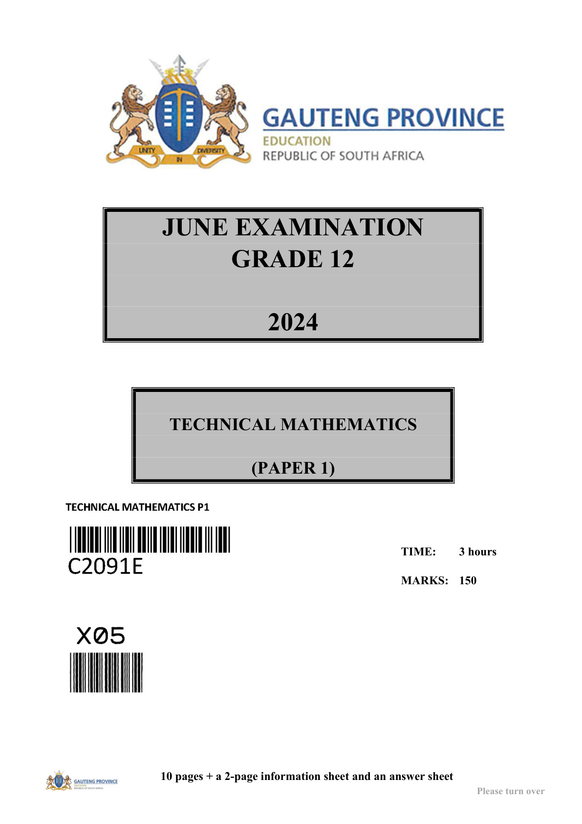 Technical Mathematics Paper 1 (Gauteng) June 2024 Grade 12 DBE