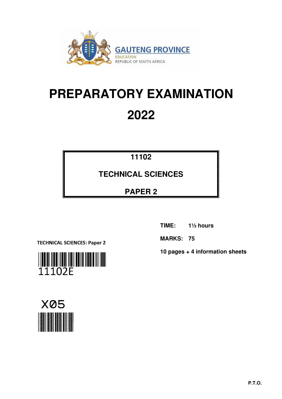 Technical Sciences Paper 2 (Gauteng) Preparatory 2022 Grade 12 DBE