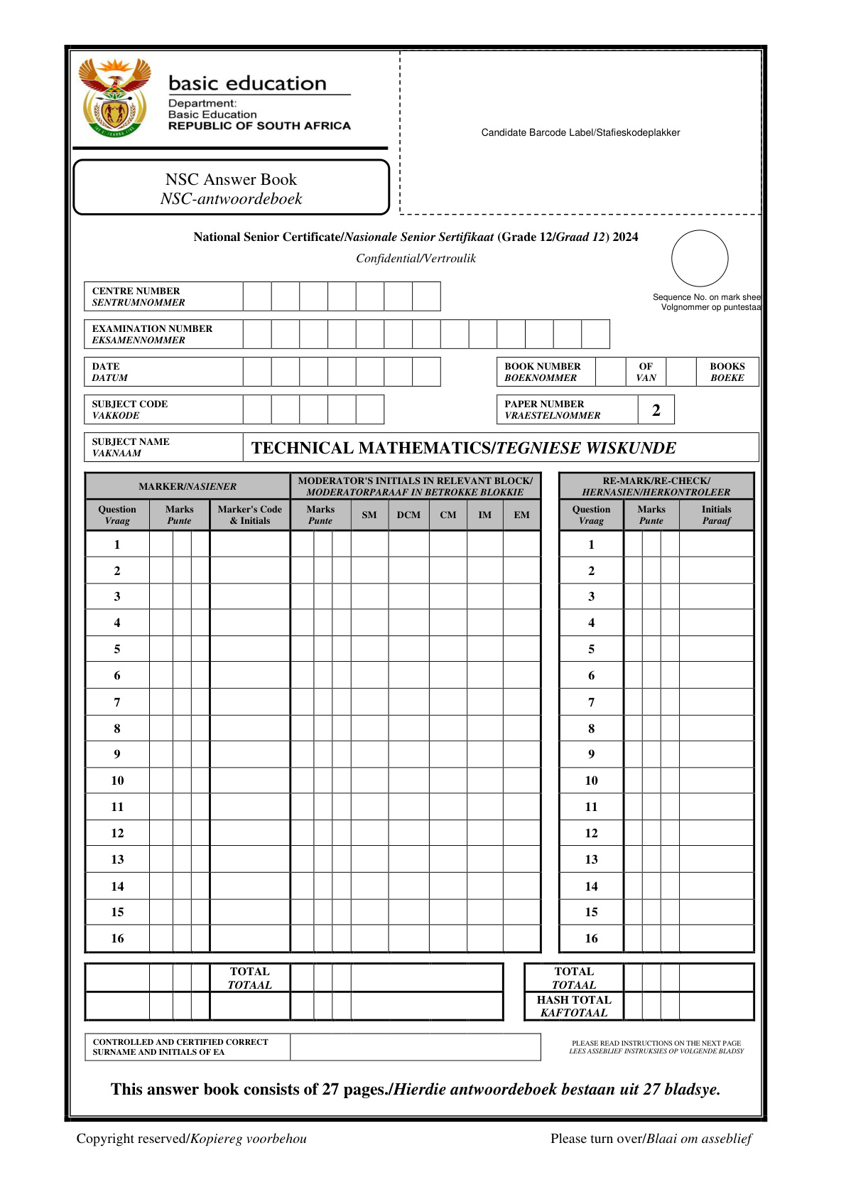 Technical Mathematics Paper 2 Answer Book (Gauteng) November 2024 Grade 12 DBE