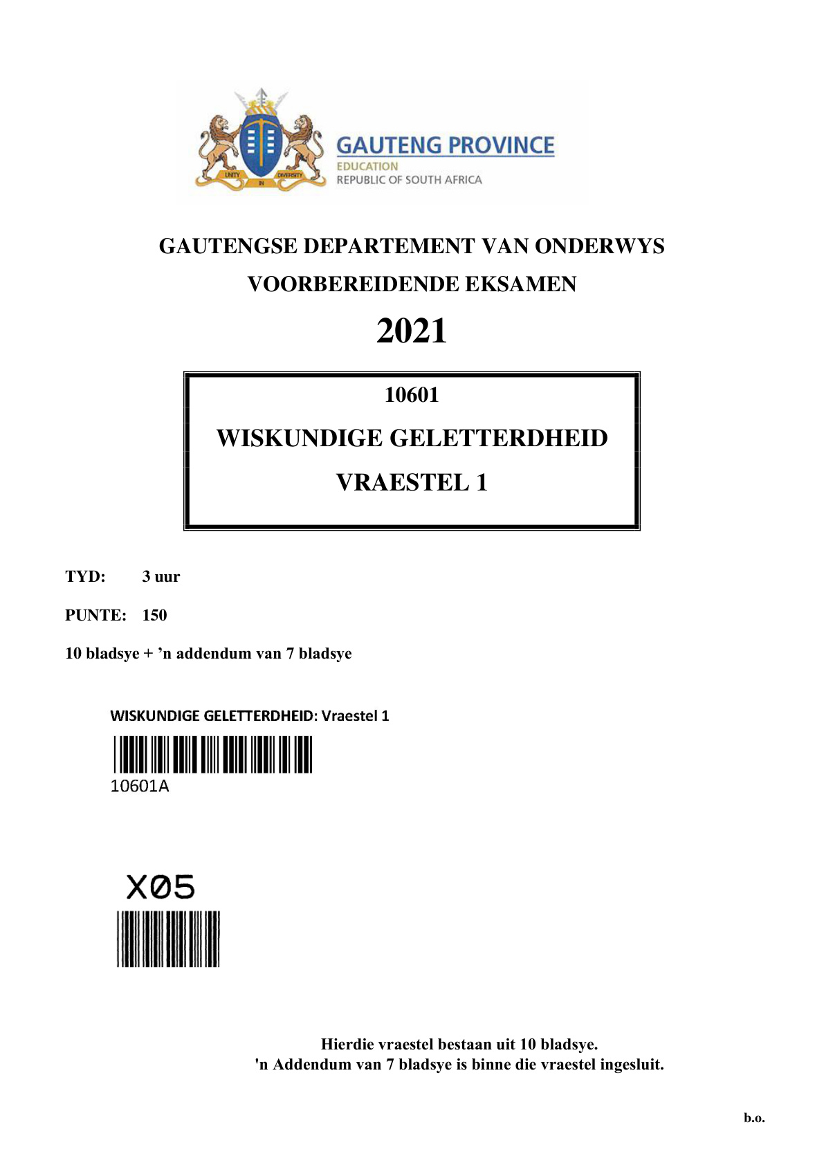 Mathematical Literacy Paper 1 (Gauteng) Preparatory 2021 Grade 12 DBE