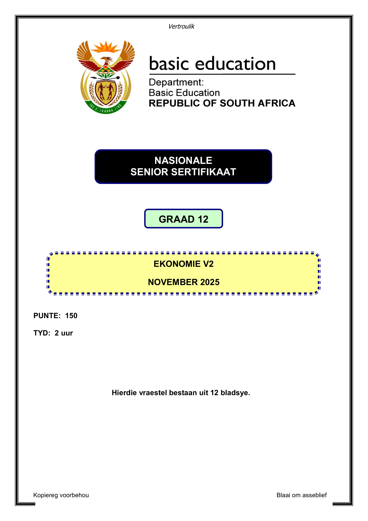 Economics Grade 12 DBE NSC November 2025 Paper 2 - Question Paper (Eastern Cape)