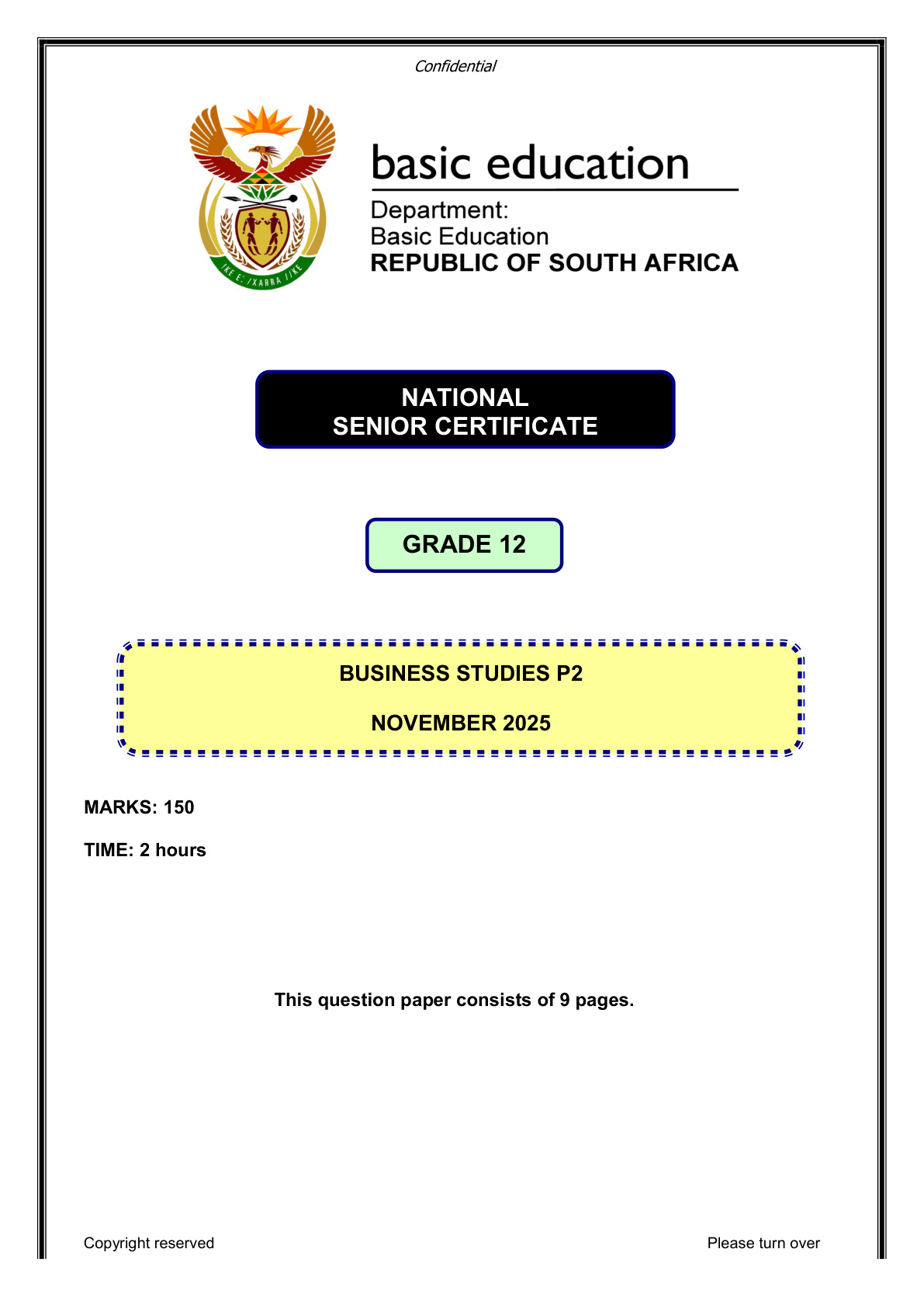 Business Studies Grade 12 DBE NSC November 2025 Paper 2 - Question Paper (Eastern Cape)