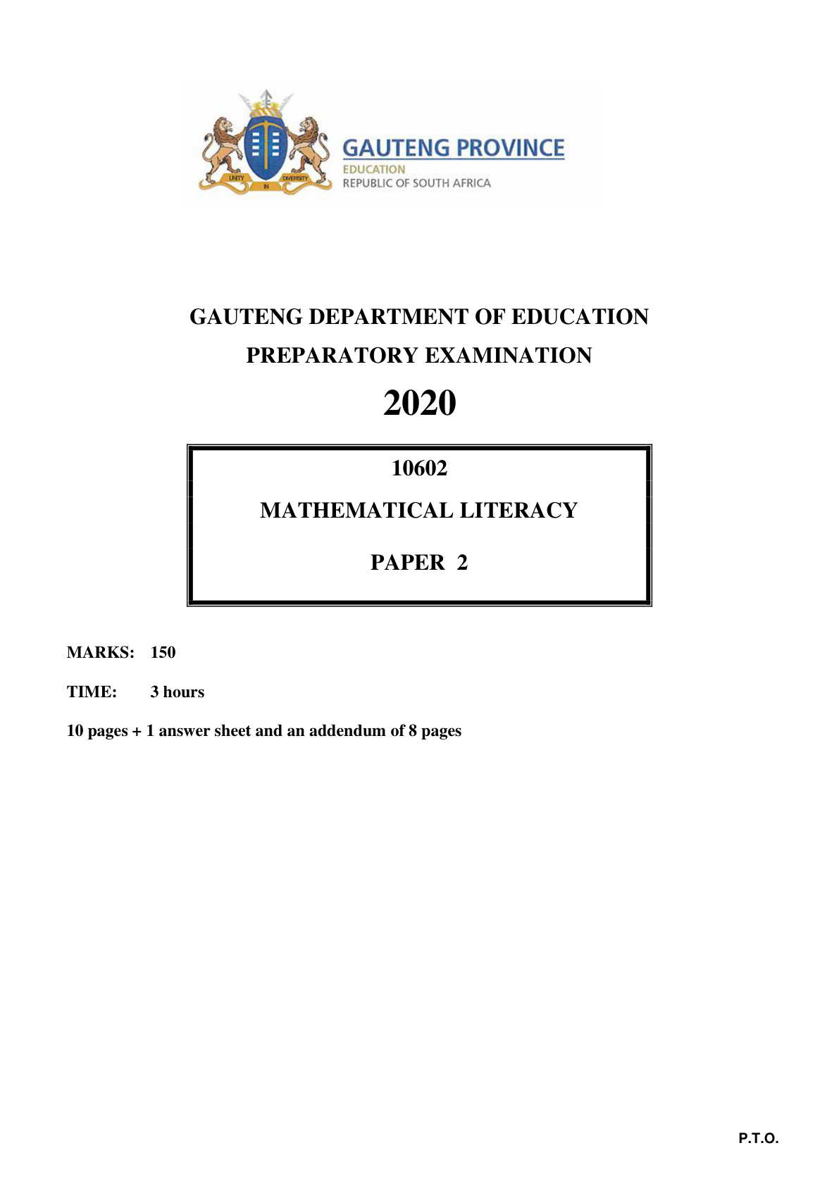 Mathematical Literacy Paper 2 (Gauteng) Preparatory 2020 Grade 12 DBE